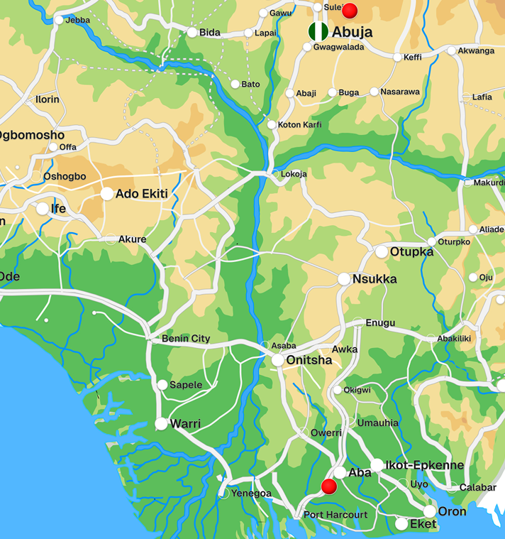 Map showing our Abuja and Port-Harcourt office locations, marked with red pins
